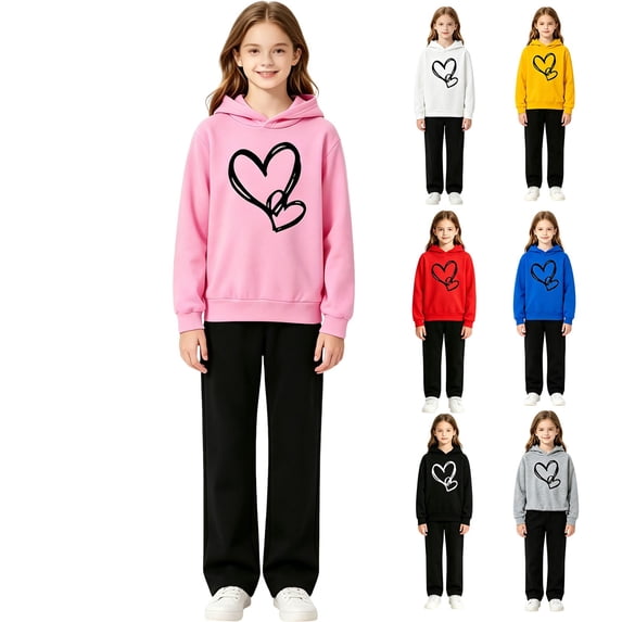 Coerni Girls Boys Graphic 2 Piece Outfits Heart Print Pullover Hoodie Sweatpants Fleece Sweatsuit Fall Winter Clothing Set Tracksuit