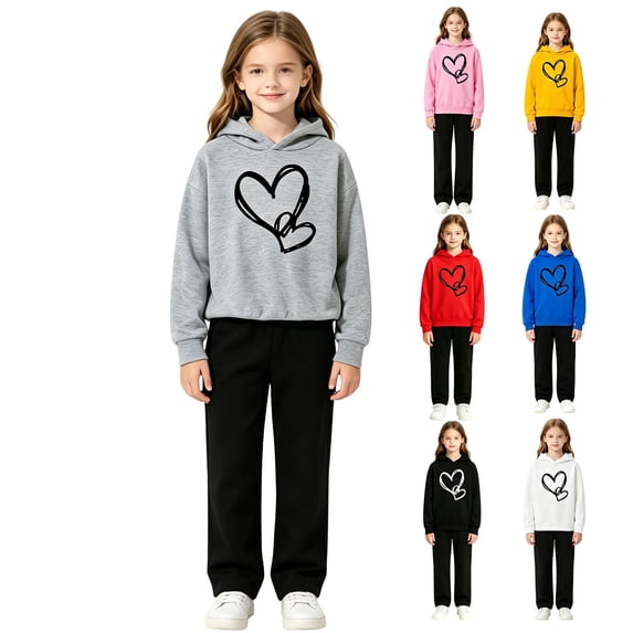 Coerni Girls Boys Graphic 2 Piece Outfits Heart Print Pullover Hoodie Sweatpants Fleece Sweatsuit Fall Winter Clothing Set Tracksuit
