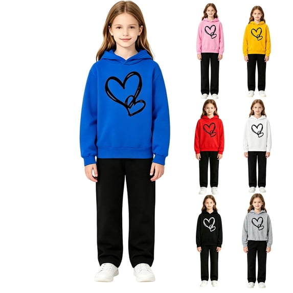 Coerni Girls Boys Graphic 2 Piece Outfits Heart Print Pullover Hoodie Sweatpants Fleece Sweatsuit Fall Winter Clothing Set Tracksuit