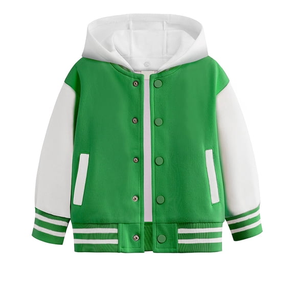 Coerni Girls & Boys Hooded Baseball Jacket Contrast Long Sleeve Button Down Varsity Jacket Casual Versatile All-Weather Preppy Outerwear
