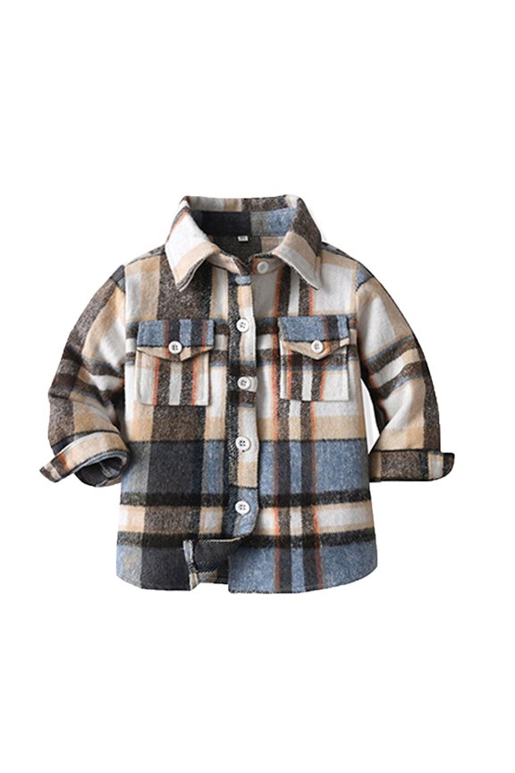 Coerni Girls Boys Middle Kids Autumn Plaid Brushed Single Long Sleeve Cardigan Lapel Jacket Padded Jacket Girls