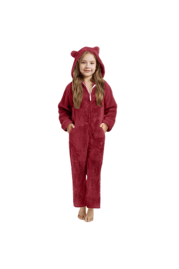 Coerni Girls Boys One Piece Animal Onesi𝐞 Kids Plush Teddy Bear Jumpsuit with Hood Fleece Zipper Winter Warm Outfit Playsuit