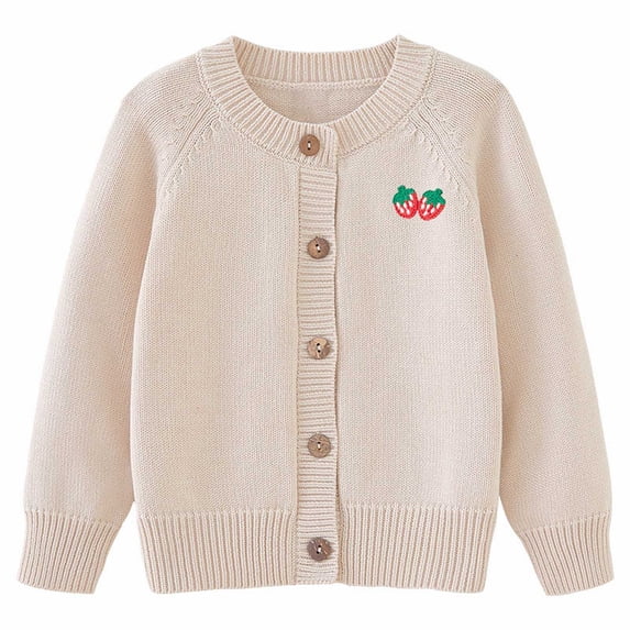 Coerni Girls Button Up Sweaters Plain Preppy Crewneck Knit Cardigan Mini Strawberry Embroidery Kids Fashion Cute Knit Outerwear Spring Fall Casual