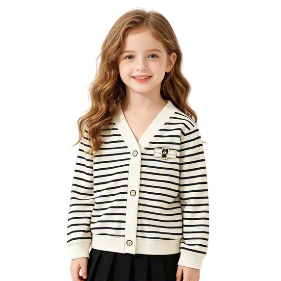 Coerni Girls Button Up Sweaters Wide Striped V-Neck Knit Cardigan Cute Casual Kids Preppy Sweaters Outerwewar Spring Fall Clothes