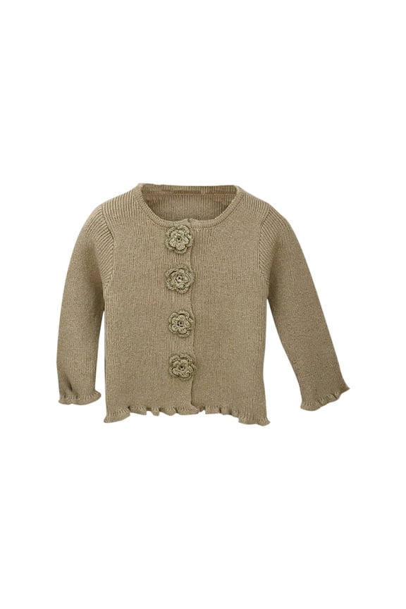 Coerni Girls Cardigan Cute Flower Button Ruffle Ribbed Cuffs Knit Sweaters Soft Knit Jacket Little Kids Fall Outerwear Tops