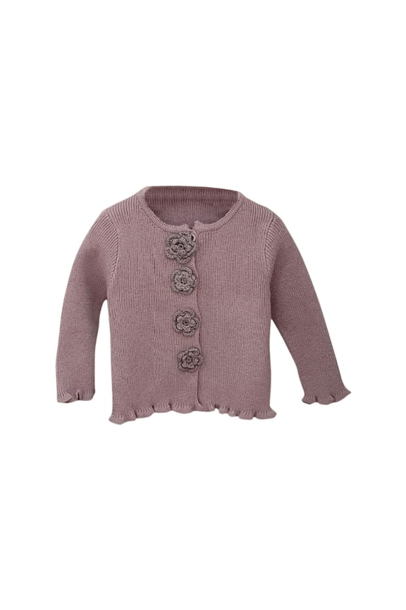 Coerni Girls Cardigan Cute Flower Button Ruffle Ribbed Cuffs Knit Sweaters Soft Knit Jacket Little Kids Fall Outerwear Tops