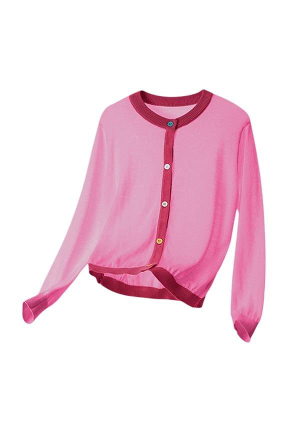 Coerni Girls Cardigan Sweaters Contrast Trim Button-Up Knit Crewneck Sweater Soft Lightweight Kids Fall Clothes School & Daily Wear