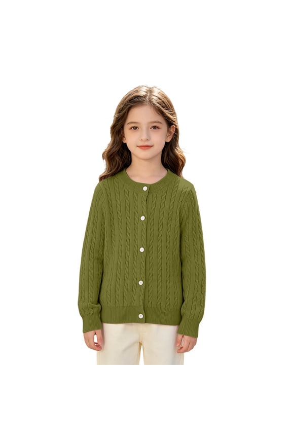 Coerni Girls Cardigan Sweaters Vintage Cable Knit Coat Long Sleeve Button Up Sweaters Kids School Uniforms Cardigan Jackets