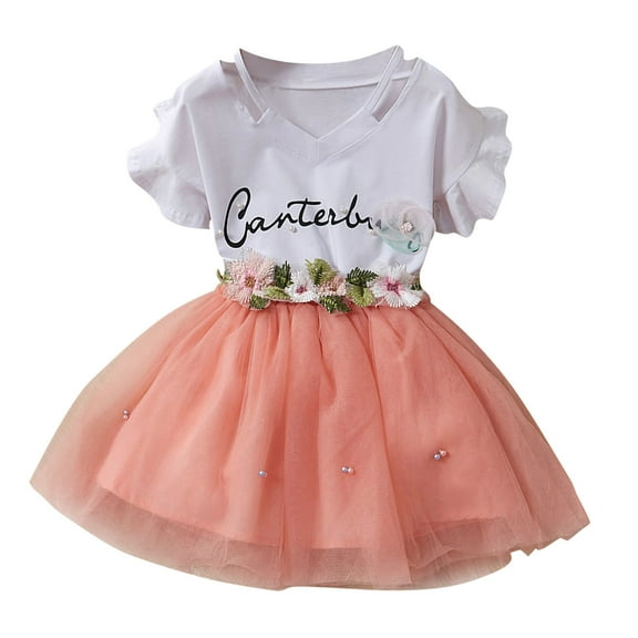 Coerni Girls Casual Dresses Outfits Ruffle Short Sleeve T Shirt Top Floral Embroidery Tutu Tulle Dress Set Summer Clothes