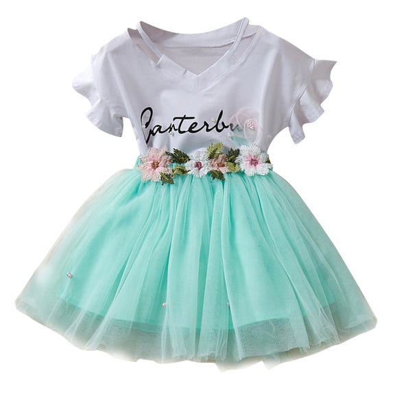 Coerni Girls Casual Dresses Outfits Ruffle Short Sleeve T Shirt Top Floral Embroidery Tutu Tulle Dress Set Summer Clothes