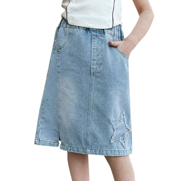 Coerni Girls Casual Stretch Waist Denim Skirt Washed Denim A-line Maxi Skirt with Pocket Mid Length Slit Raw Hem Y2K Star