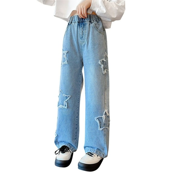 Coerni Girls Causal Straight Denim Trousers Star Print Distressed Denim Pants Elastic Waist Baggy Wide Leg Jeans Ripped 5-13 Years