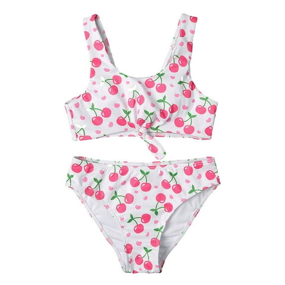 Coerni Girls Cherry Print Bikini 2pc Swimsuit Set Cotton Soft Comfortable Lightweight Breathable Open Navel Bathing Suit