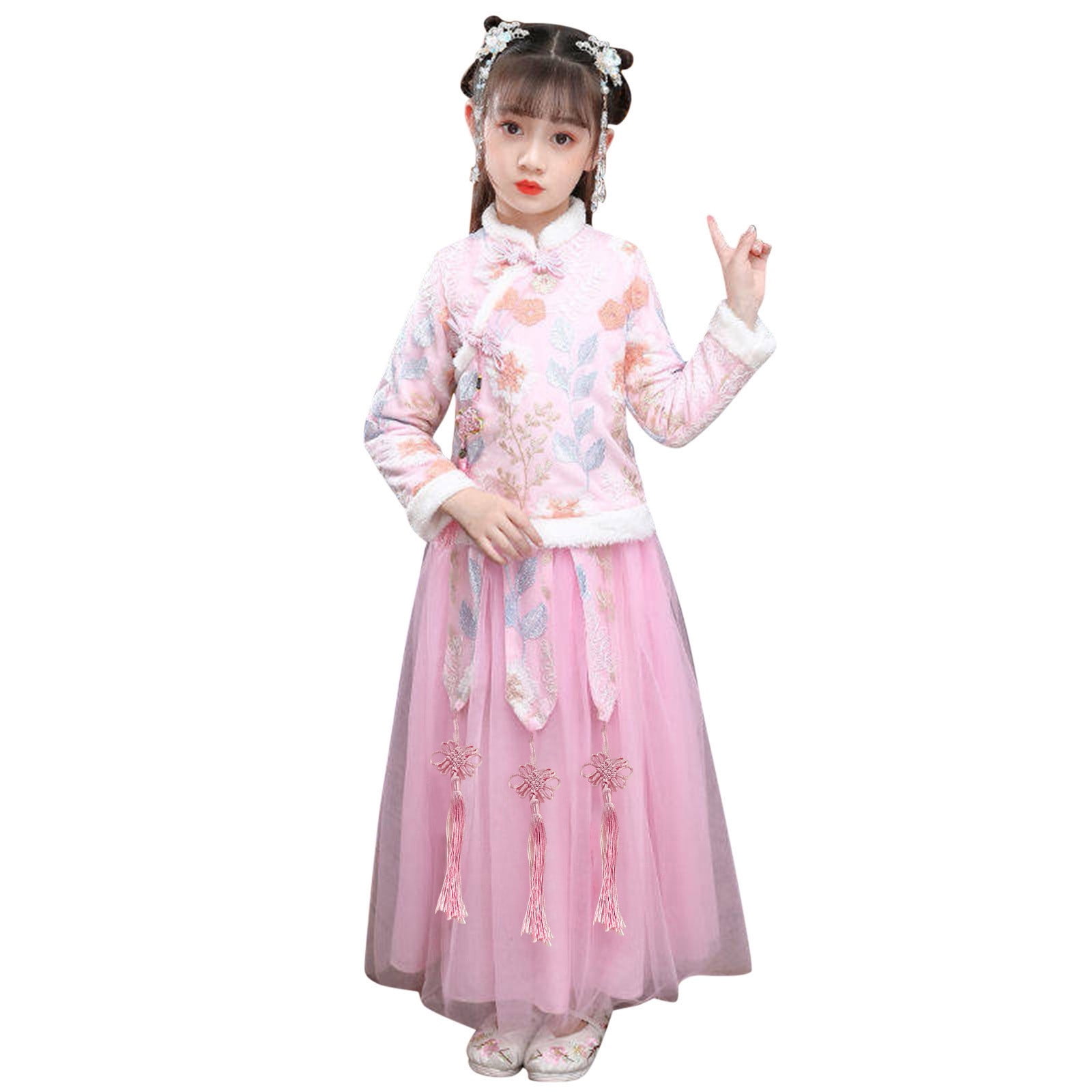 Baby Girls' Chinese Hanfu Winter Dress - Traditional New Year Costume, Long Sleeve, Blue (6-7 Years)