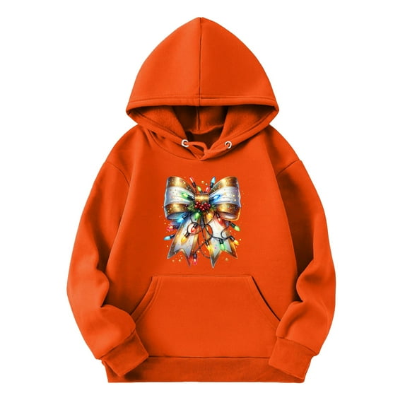 Coerni Girls Christmas Hooded Pullover Boys Cotton Lights Bow Print Hoodie Sweater Kids Oversize Long Sleeve Sweatshirt