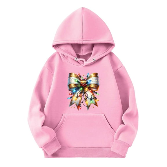 Coerni Girls Christmas Hooded Pullover Boys Cotton Lights Bow Print Hoodie Sweater Kids Oversize Long Sleeve Sweatshirt