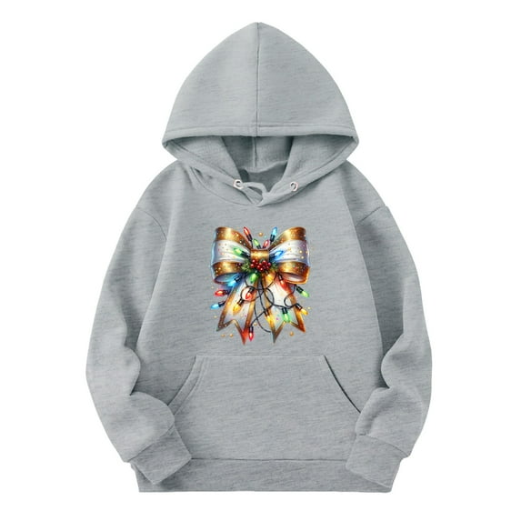 Coerni Girls Christmas Hooded Pullover Boys Cotton Lights Bow Print Hoodie Sweater Kids Oversize Long Sleeve Sweatshirt