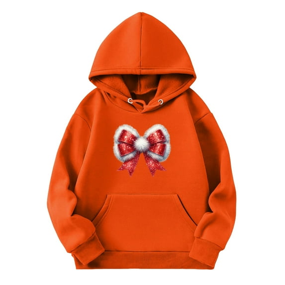 Coerni Girls Christmas Hooded Sweatshirt Boys Plush Bowknot Printed Cotton Pullover Kids Solid Long Sleeve Hoodie Tops