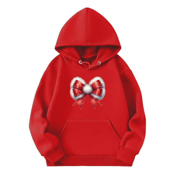 Coerni Girls Christmas Hooded Sweatshirt Boys Plush Bowknot Printed Cotton Pullover Kids Solid Long Sleeve Hoodie Tops