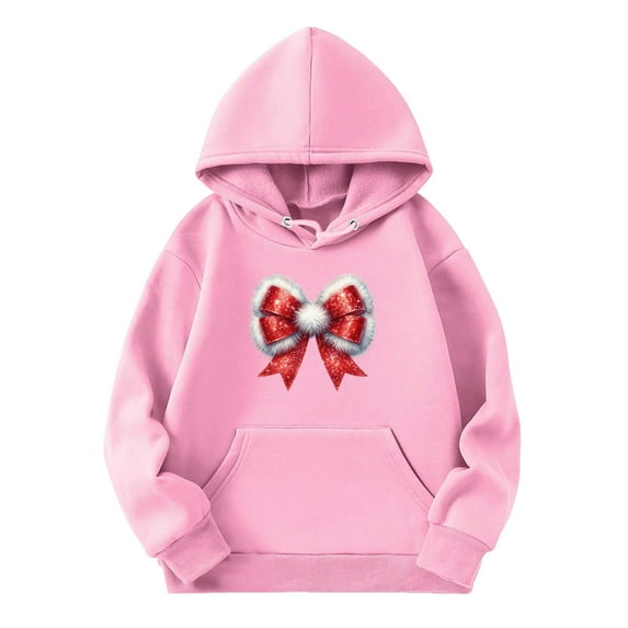 Coerni Girls Christmas Hooded Sweatshirt Boys Plush Bowknot Printed Cotton Pullover Kids Solid Long Sleeve Hoodie Tops