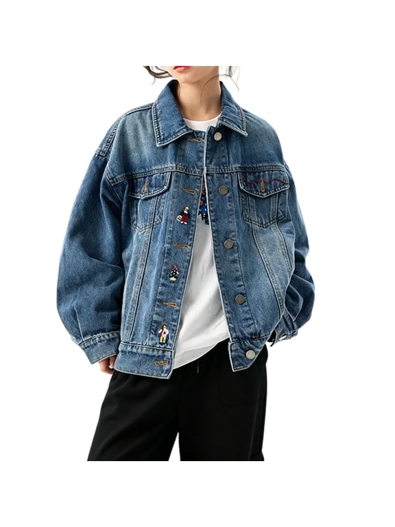 Coerni Girls Clothes Oversized Washed Denim Jacket with Metal Button Cute Cartoon Embroidery Collar Jean Outerwear Kids Fall Outfits