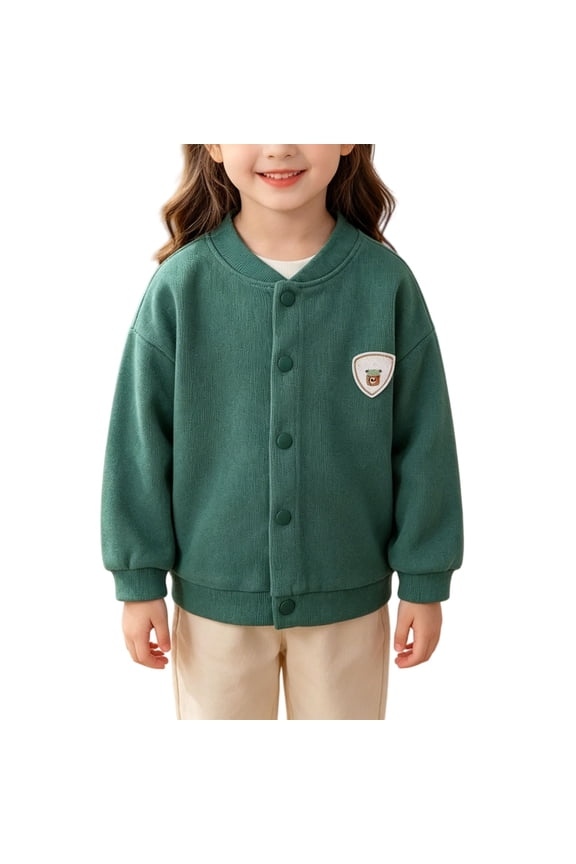 Coerni Girls Cute Badge Baseball Jackets Snap Button Down Cardigan Solid Varsity Jacket Teen Kids Casual Preppy Outerwear