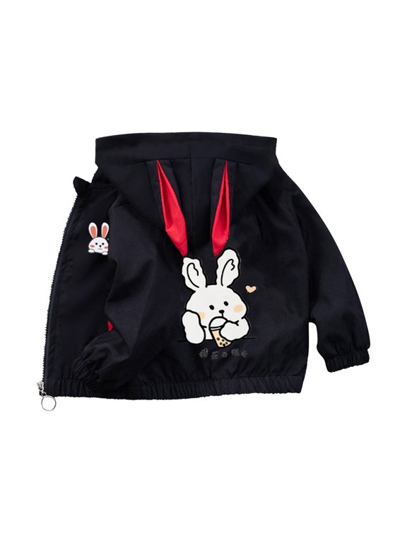 Coerni Girls Cute Bunny Print Jacket Open Front Zip up Hoodie Outerwear 6M-10Y Toddler Kids Spring Fall Casual Daily Clothes