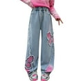 thumbnail image 1 of Coerni Girls Cute Butterfly Ripped Denim Pants Elastic High Waist Baggy Wide Leg Jeans Causal Fashion Denim Trousers 5-13 Years, 1 of 8