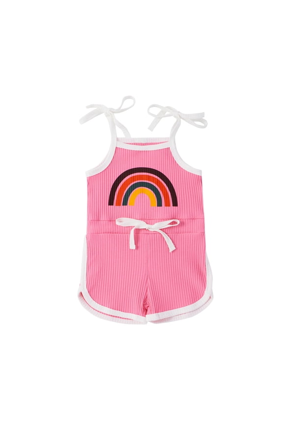 Coerni Girls Cute Rainbow Knit Jumpsuit Toddler Baby Sleeveless Bib Shorts Bow Strap Romper Adjustable Elastic Overalls