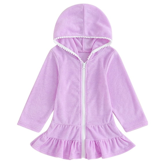 Coerni Girls Cute Ruffle Hoodie Swimsuit Causal Long Sleeve Hooded Beach Dress Baggy Zipper Bathing Suit Cover Up Robe
