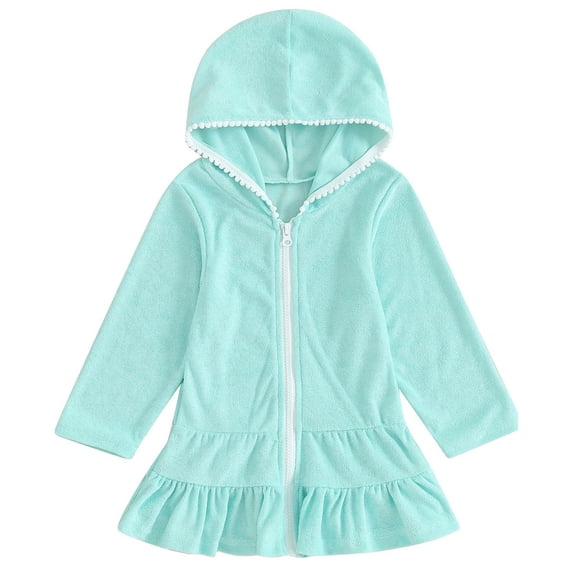 Coerni Girls Cute Ruffle Hoodie Swimsuit Causal Long Sleeve Hooded Beach Dress Baggy Zipper Bathing Suit Cover Up Robe