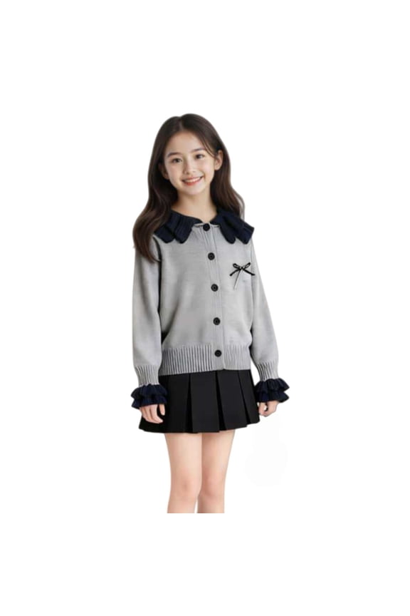 Coerni Girls Cute Sweaters Contrast Peter Pan Collar Ruffle Button Knit Cardigan Teen Preppy Sweater Outerwear Fashion Versatile
