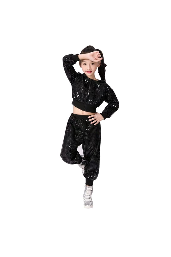 Coerni Girls Dance Outfits Cropped Sequin Jacket Metallic Pants Set Kids Hip Hop Jazz Dance Sparkly Streetwear for 80s 90s Party
