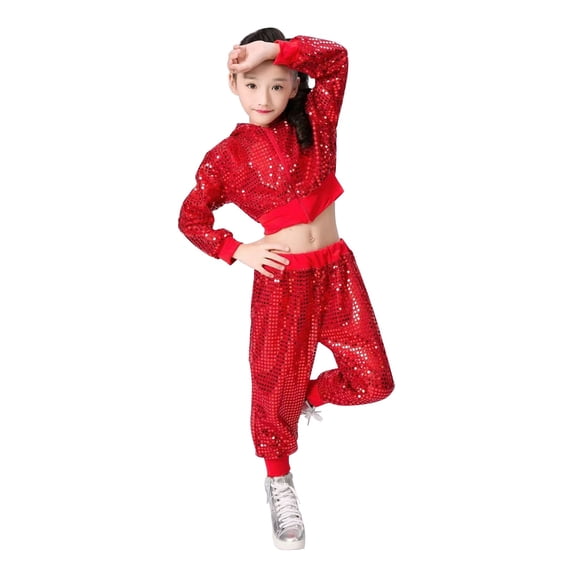 Coerni Girls Dance Outfits Cropped Sequin Jacket Metallic Pants Set Kids Hip Hop Jazz Dance Sparkly Streetwear for 80s 90s Party