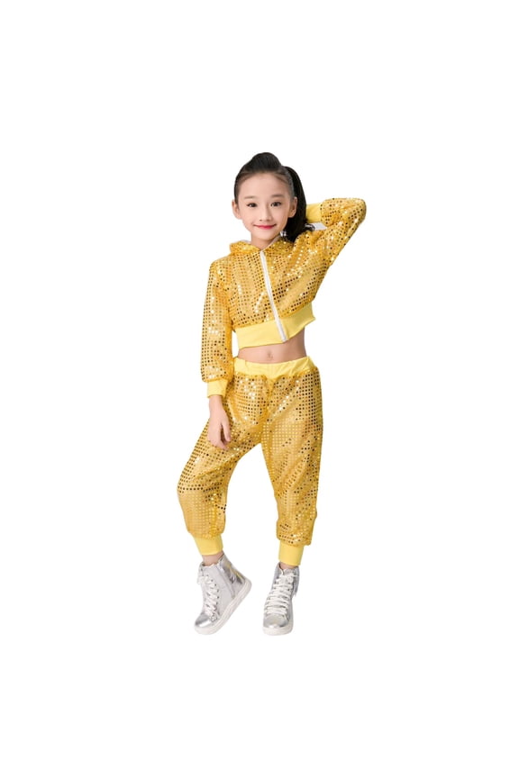 Coerni Girls Dance Outfits Cropped Sequin Jacket Metallic Pants Set Kids Hip Hop Jazz Dance Sparkly Streetwear for 80s 90s Party