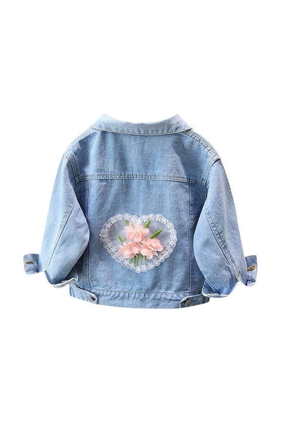 Coerni Girls Denim Jacket with 3D Flower Design Classic Blue Jean Jackets Kids Button Long Sleeve Clothes Cute Casual Western Coat