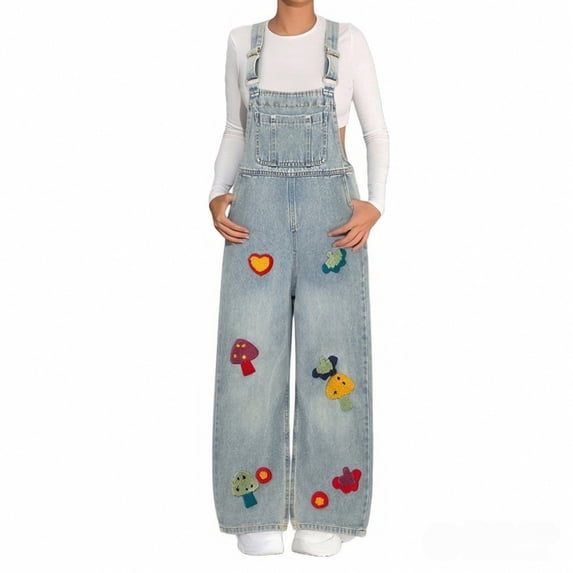 Coerni Girls Denim Overalls Kids Sleeveless Wide Leg Jumpsuit Bib Overall with Pockets Vintage Patchwork Preppy Trendy Bib Romper