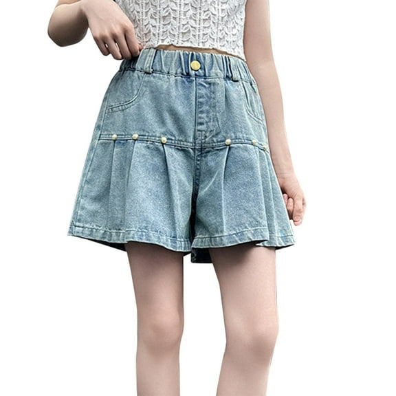 Coerni Girls Denim Shorts Baggy Jeans for Teens High Waist A Line Clothes Regular Bootcut Pull on Loose Skirt Hem with Pearl