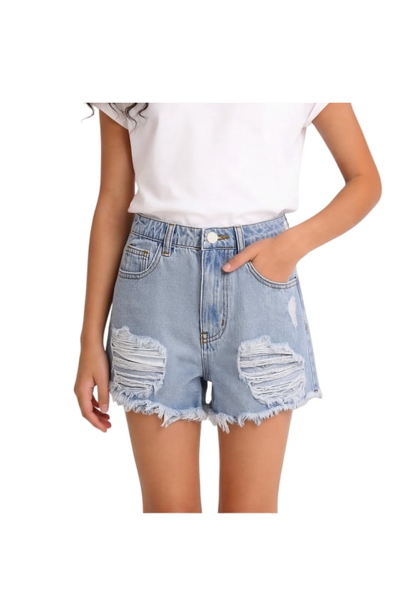 Coerni Girls Denim Shorts Relaxed Fit Cute Trendy Low Rise Shorts Ripped Holes Soft Elastic Band Inside Half Jean Pants Hiking Jeans