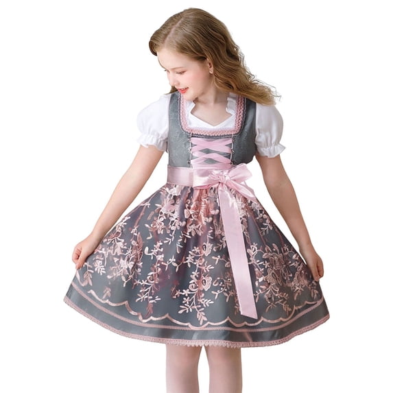 Coerni Girls Dirndl Dress Set Jacquard Lace-Up Corset Dress & Puffy Sleeve Blouse & Floral Embroidery Apron Halloween Oktoberfest Performance Outfit