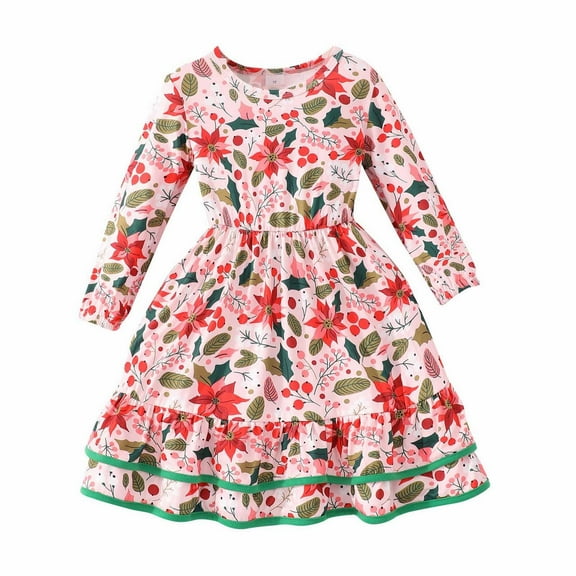 Coerni Girls' Dress Autumn Winter Long Sleeved Round Neck Christmas Printed Cake Dress Christmas A-Line Dress for Girls