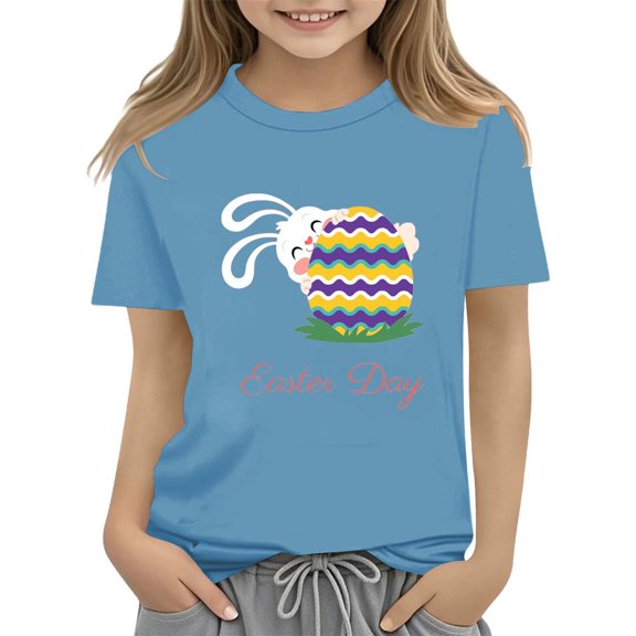 Coerni Girls Easter Shirts Kids Boys Egg Back Bunny Short Sleeve Trendy T-Shirt Tops Youth Letter Print Funny Clothes Cute Shirts