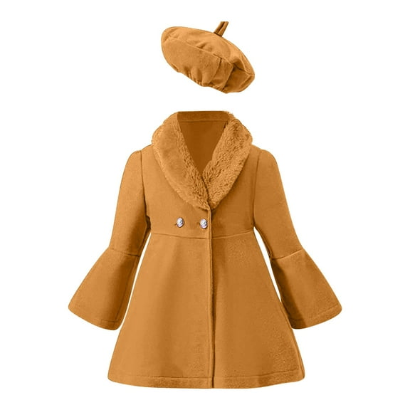 Coerni Girls Fall Winter Clothes Kids Dress Coat Long Sleeve Jacket Furry Collar Trench Coat Warm Peacoat with Beret Hat Set