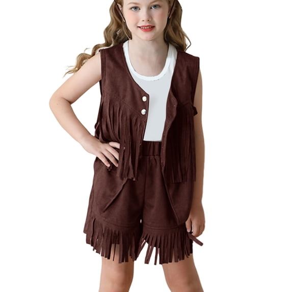 Coerni Girls Faux Suede 2 Piece Outfit V-Neck Fringe Vest + Elastic Waist Shorts Western Cowgirl Clothes Sets Halloween Party Stage Shows