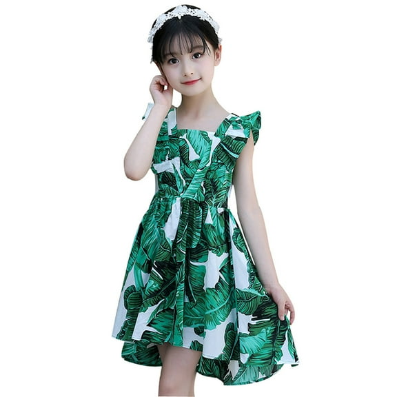 Coerni Girls Flutter Sleeve Dress Baby Toddler Summer Casual Princess Dresses Floral Leaf Ruffle Swing Dresses Kids Sundress