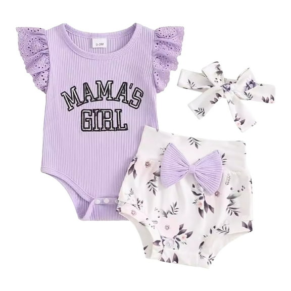 Coerni Girls Fly Short Sleeve Letter Printed Ribbed Romper Bodysuits 3 pcs Floral Printed Shorts Headbands Set 3 6 9 12 18 Months