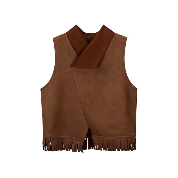 Coerni Girls Fringe Vest Notched Collar Faux Suede Tassel Gilet Sleeveless Open-Front Leather Jacket Halloween Hippie Party Cowgirl Waistcoat