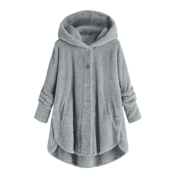 Coerni Girls Fuzzy Fleece Hooded Jacket Long Button Down Sherpa Overcoat Faux Winter Warm Coat Oversized Hoodies Outerwear
