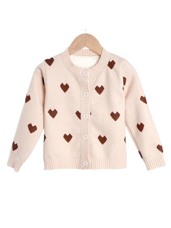 Coerni Girls Graphic Sweaters Long Sleeve Heart Knit Cardigan Button Closure Fall Winter Soft Warm Sweater Outerwear 3-12 Years