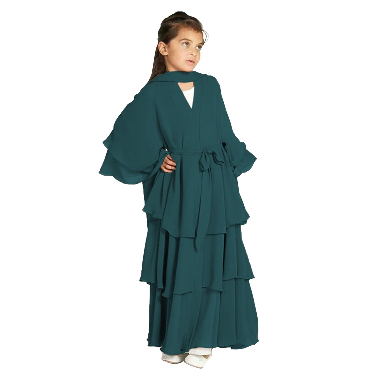 Coerni Girls Halterneck Three-Layer Hem Dress Muslim Abaya Chiffon Solid  Casual Dress with Belt Dubai Elegant Prayer Gift - Walmart.com